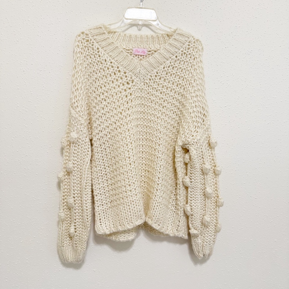 Pink Lily Cream V-Neck Oversized Pom Pom Sleeve Sweater